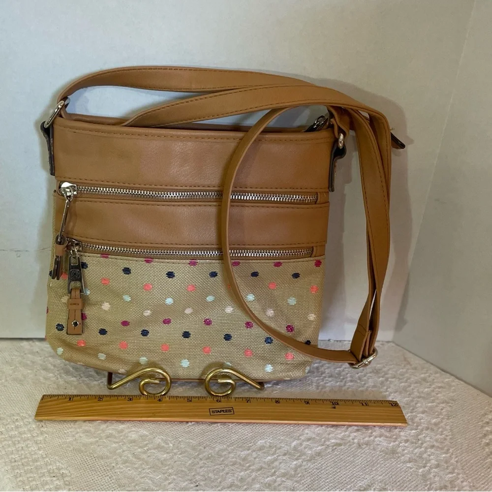 Women’s Tan and Multicolor Dots‎  Crossbody Canvas Style Bag
